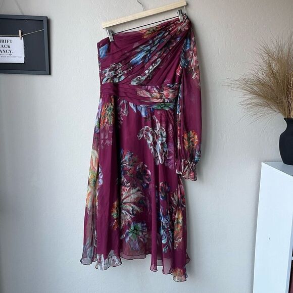 Marchesa Notte Burgundy Floral Print One Shoulder Chiffon‎ Midi Dress Size 2 - Picture 9 of 14
